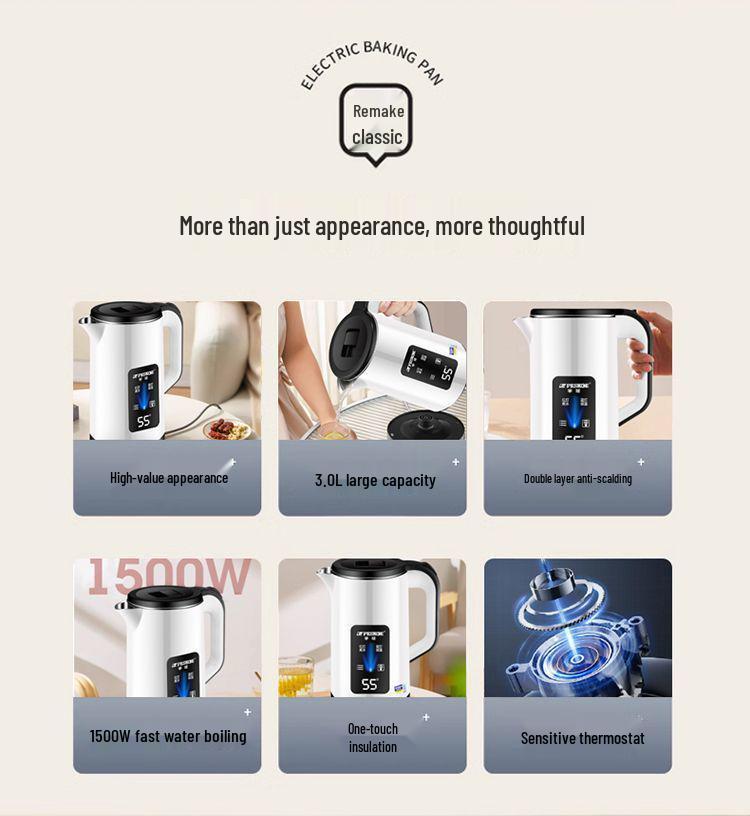 Hervidor Eléctrico Grande de 3L: Aislamiento automático, Ideal para residencias de estudiantes, Duradero para uso doméstico.