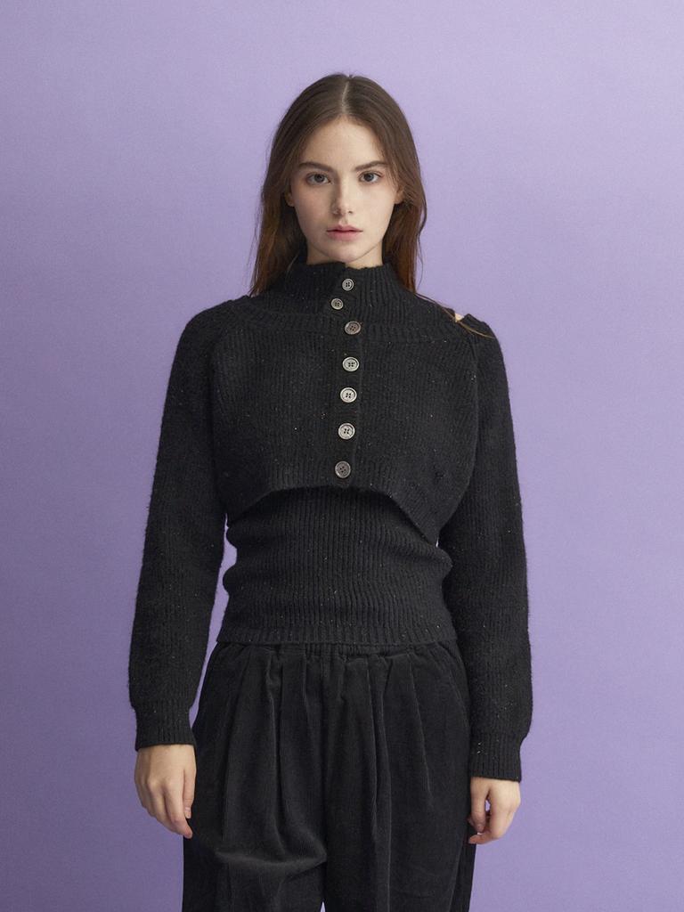 KOOLKITTEN High-Neck Layered Pullover Button Knit Set (Black)