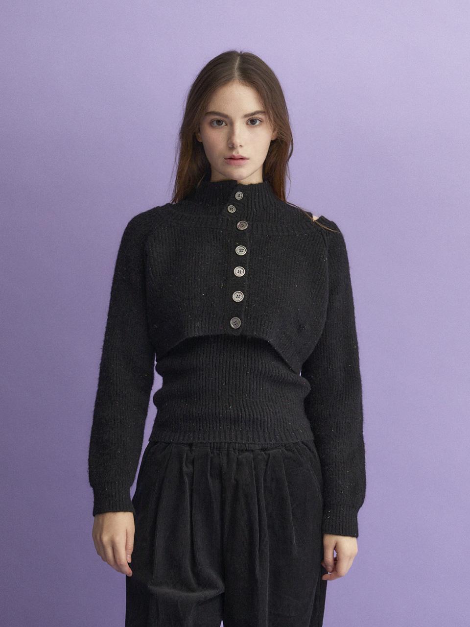 Cool Kitten High-Neck Layered Pullover Button Knit Set (Black) Free