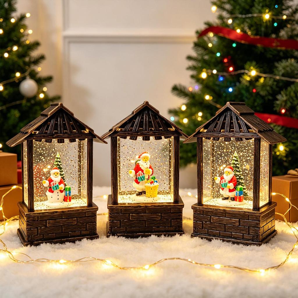 Retro Christmas Lantern LED with Music, Snowfall Effect, Light-up Cabin