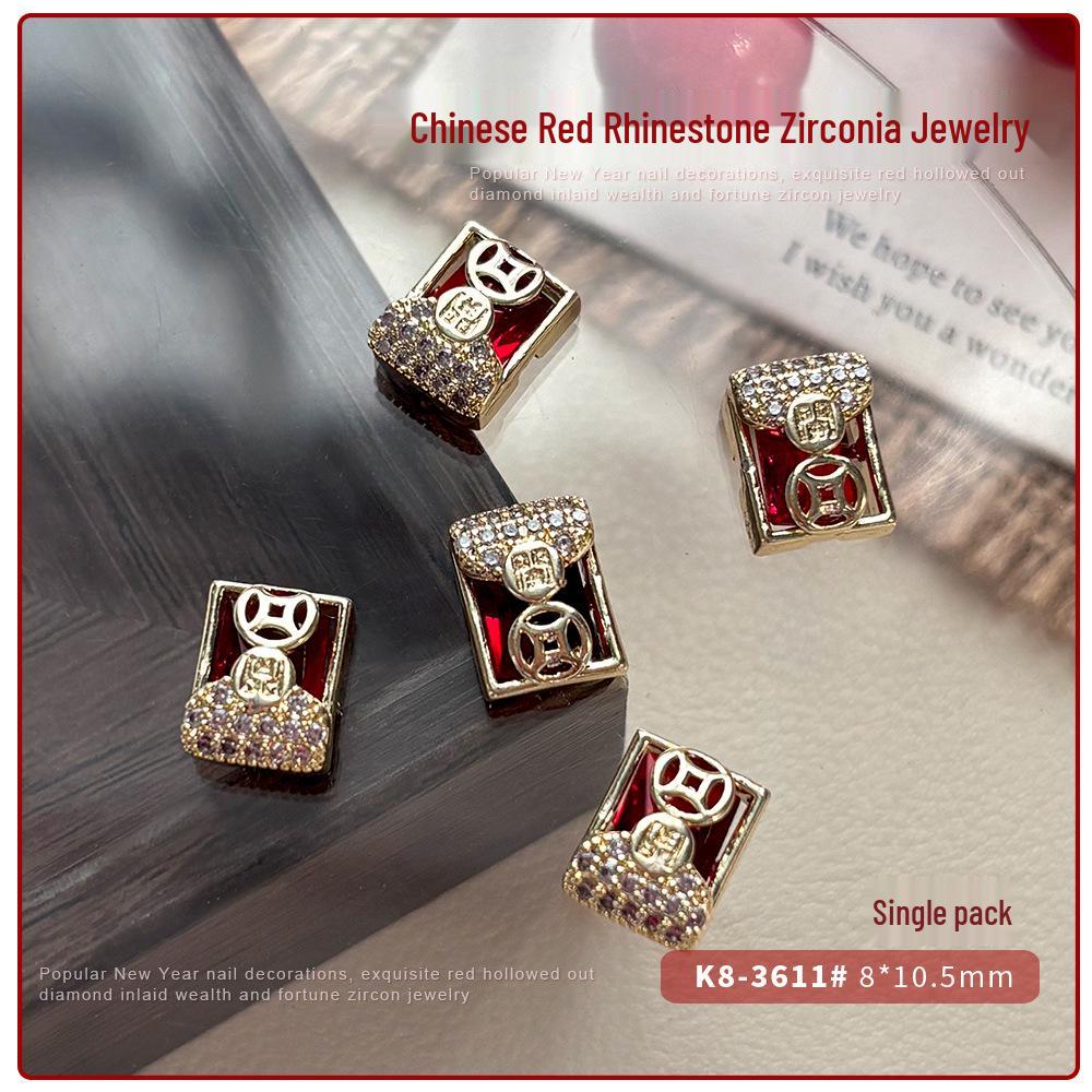 2026 New Year Zircon Nail Art: Festive Red Knot, Fu Character, Goldfish, Coin, and Rhinestone Decorations