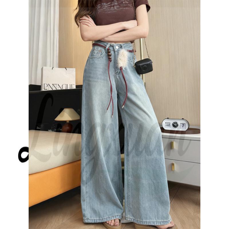 

Korean Style High-Waist Light Blue Plush Velvet Embroidered Jeans - Winter Slimming Straight-Leg Pants for Women Large