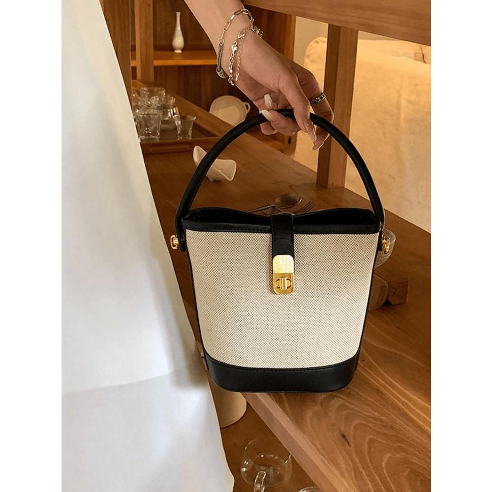 1PC Fashion Contrast PU Canvas Splice Buckle Handbag Water Bucket Bag Strap Long Shoulder Strap Crossbody Bag For Women's Daily Use