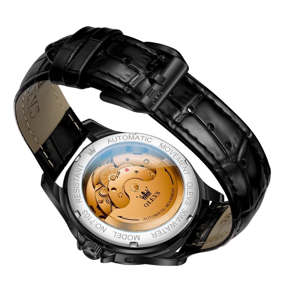 OLEVS Automatic Men’s Wristwatch Multi-Calendar Moon Phase 3 ATM Waterproof Business Classic Luxury Black-A Dial Retro