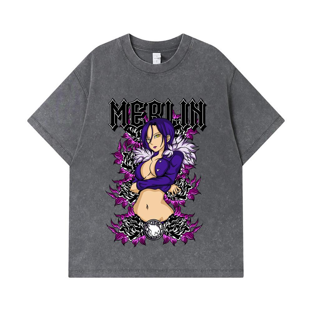 275 GSM Washed T-shirts 100% Cotton Seven Deadly Sins V8 Merlin Print Unisex Heavy Cotton T Shirt