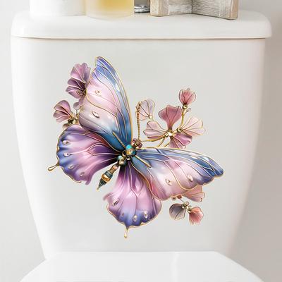 Purple Butterfly Toilet Stickers, Waterproof Removable Restroom Decals for Bathroom Wall Decor, Self-Adhesive