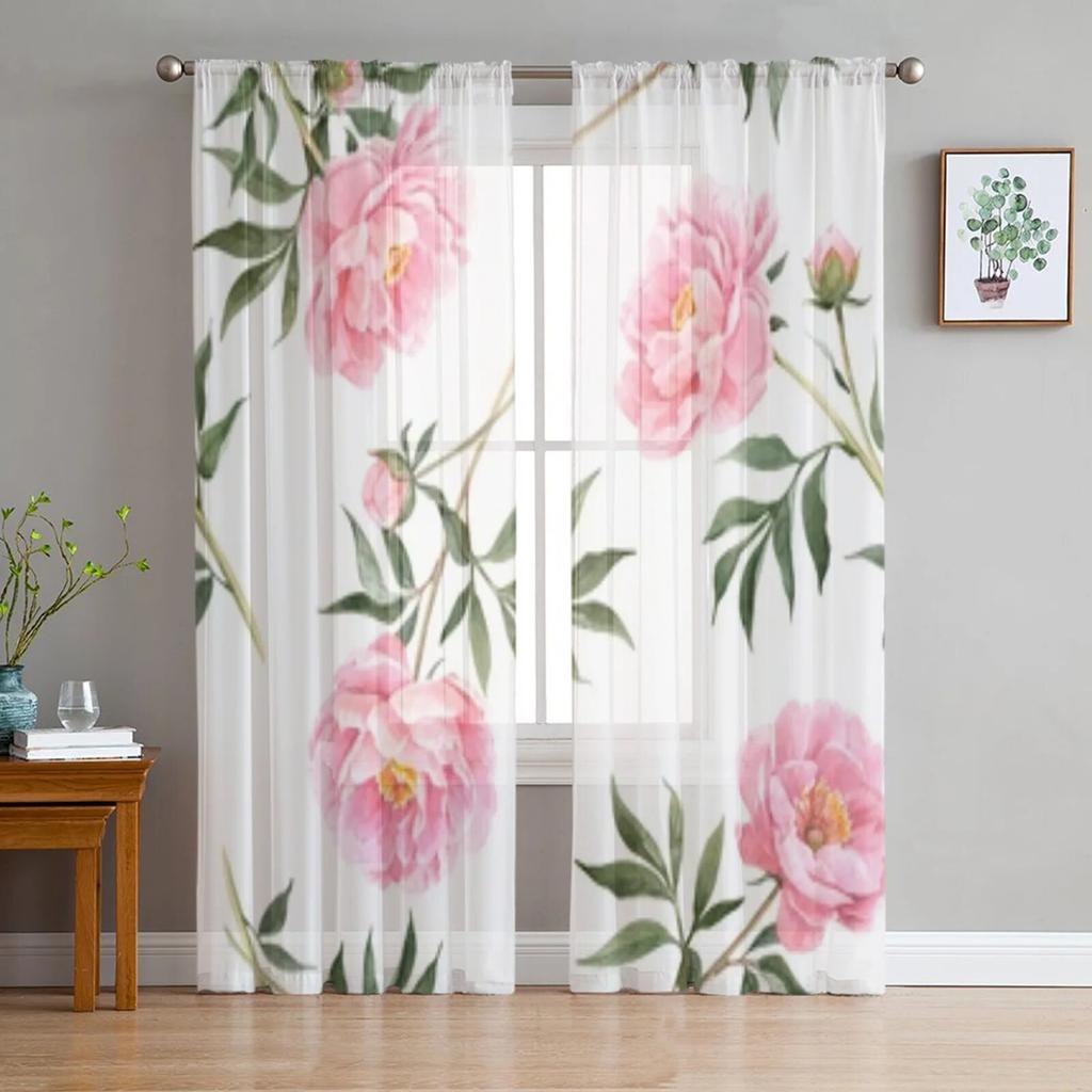 Delicate Pink Peonies Sheer Window Curtains For Living Room Bedroom Modern Voile Tulle Curtains Fabric Drapes For Kitchen