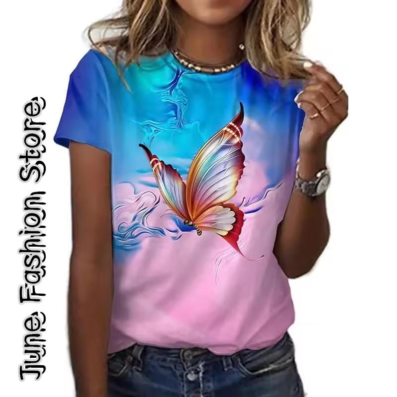 Summer Women's T Shirt Animal Weekend 3D Print Butterfly Graphics Light Green Short Sleeve Tee Fashion Round Neck Tops