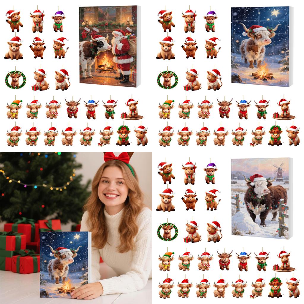 Christmas 24day Advent Calendar With Acrylic Cow Ornament For Holiday Gift Giving