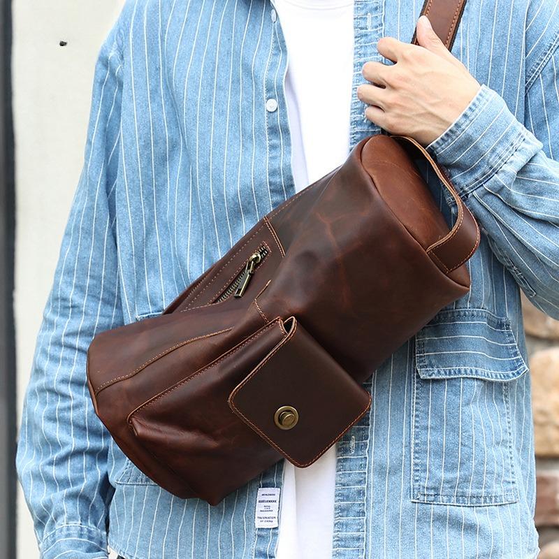 Breast bag Crazy horse leather retro messenger bag niche fashion trend cylinder bag genuine leather messenger shoulder bag breast bag men's bag