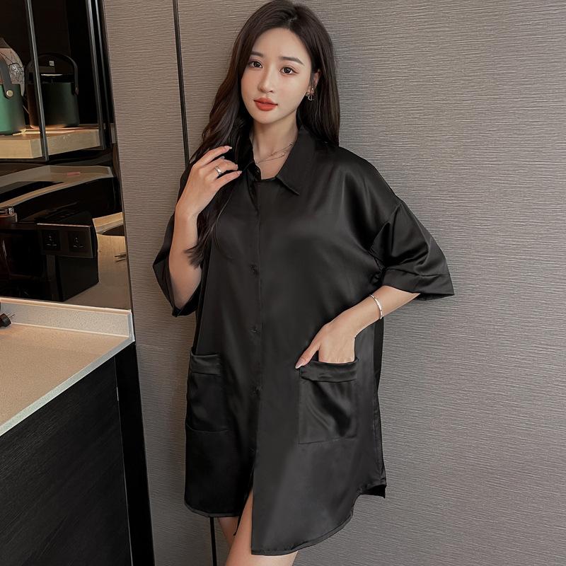 Ladies Boyfriend Style Shirt Breathable Nightgown Button Solid Back Butterfly Mesh See Through Sexy Nightgown Summer Loose Lightweight Nightwear