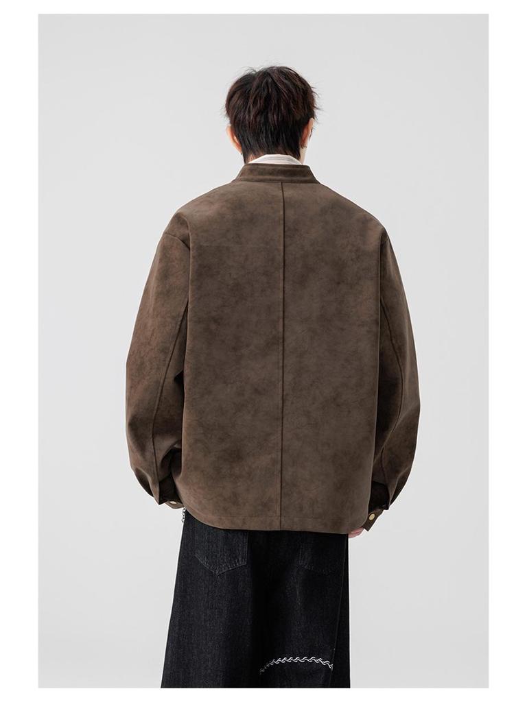 Men's Retro American Tie-Dye PU Leather Jacket - Warm, Trendy, Stand-Up Collar for Autumn