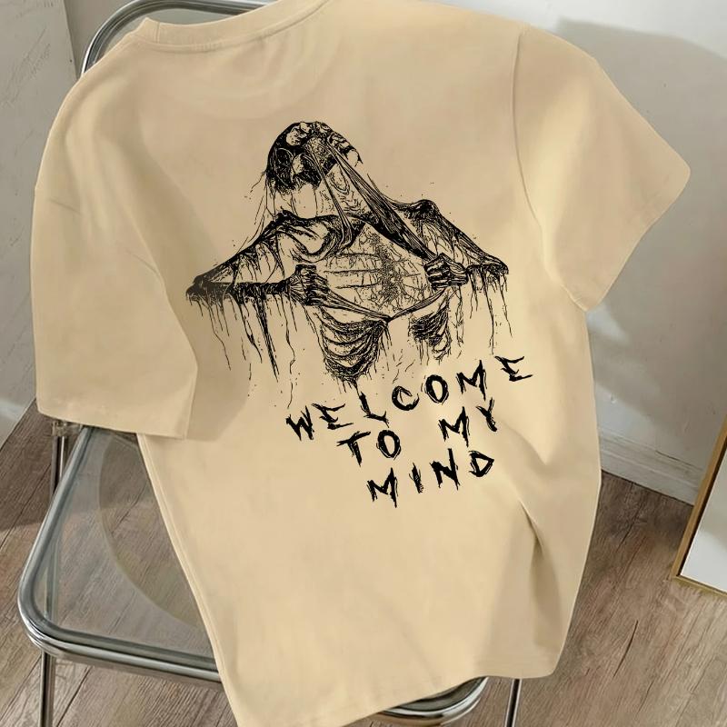 Cool Skull "WELCOME To MY MIND" Letter Print, Women's Round Neck Short Sleeve T-Shirt, Women's Athletic T-Shirt, Suitable for Daily Wear