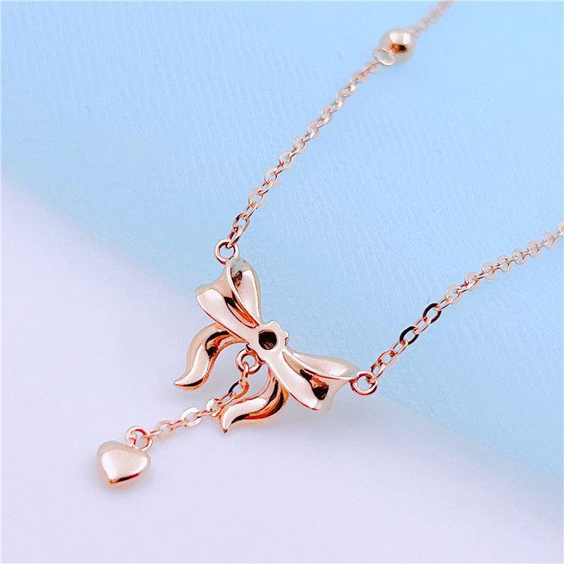 Purple Gold Bow Rose Gold Plated Fashion Colored Gold Peach Heart Collarbone Necklace