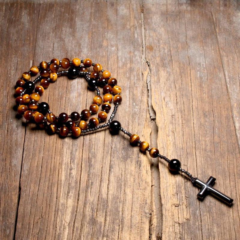 Collane con rosario di Cristo cattolico in pietra naturale occhio di tigre per donna uomo pendente con croce in ematite gioielli Mala