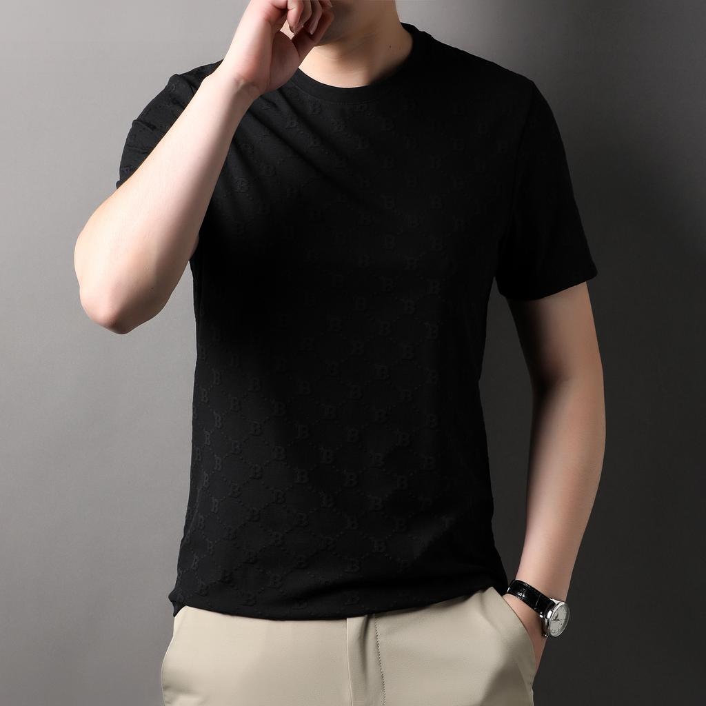 Spring Summer Men's Short Sleeve Jacquard T-shirt Round Neck Loose Fashion Thin Casual Youth Popular Youth