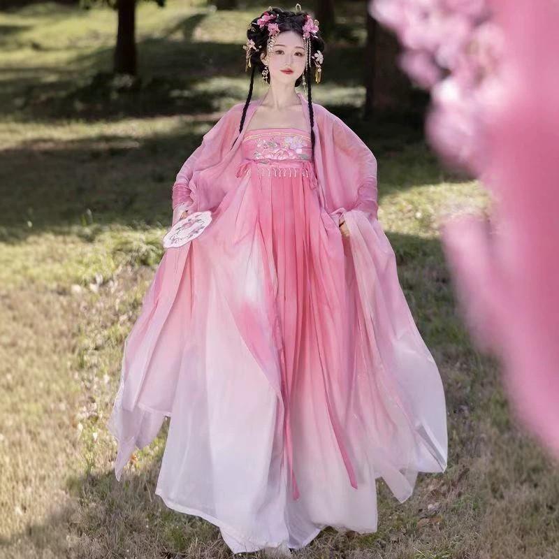 Womens Tang Dynasty Style Hanfu Dress With Embroidered Gradient Skirt Wide Sleeve Ruqun Daily Wear