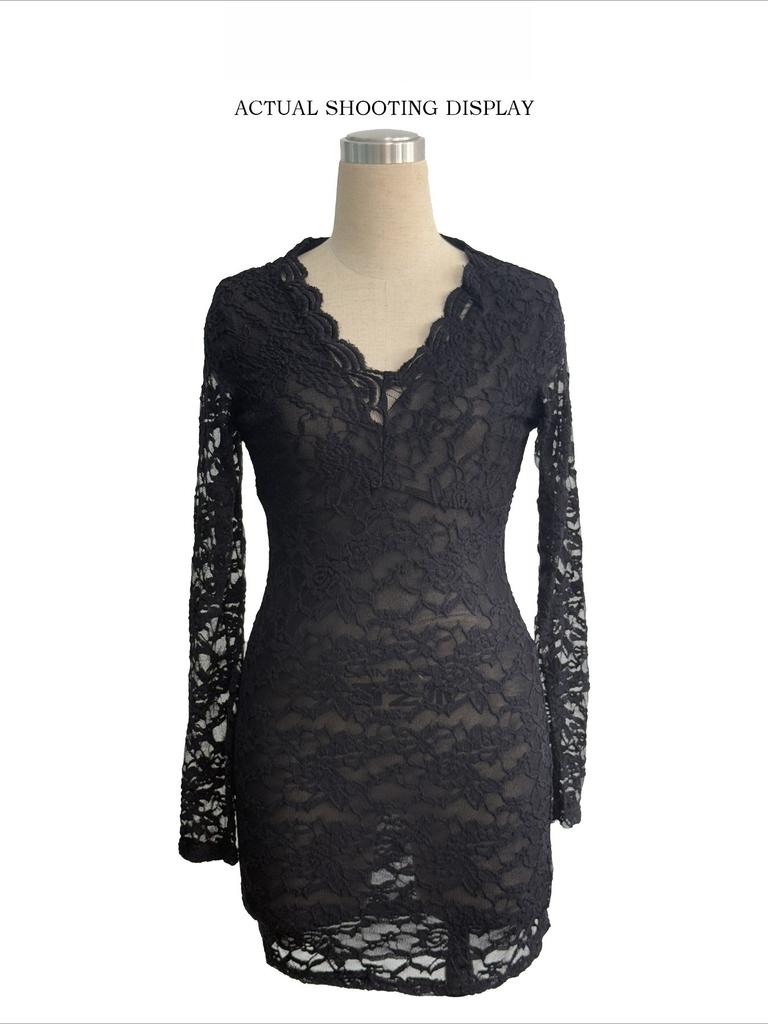 Autumn Winter Women V Neck Sexy Lace Slim Fit Long Sleeve Dress Party Mature Style French Retro Patchwork Slim Sexy Elegant Women Maxi Dress