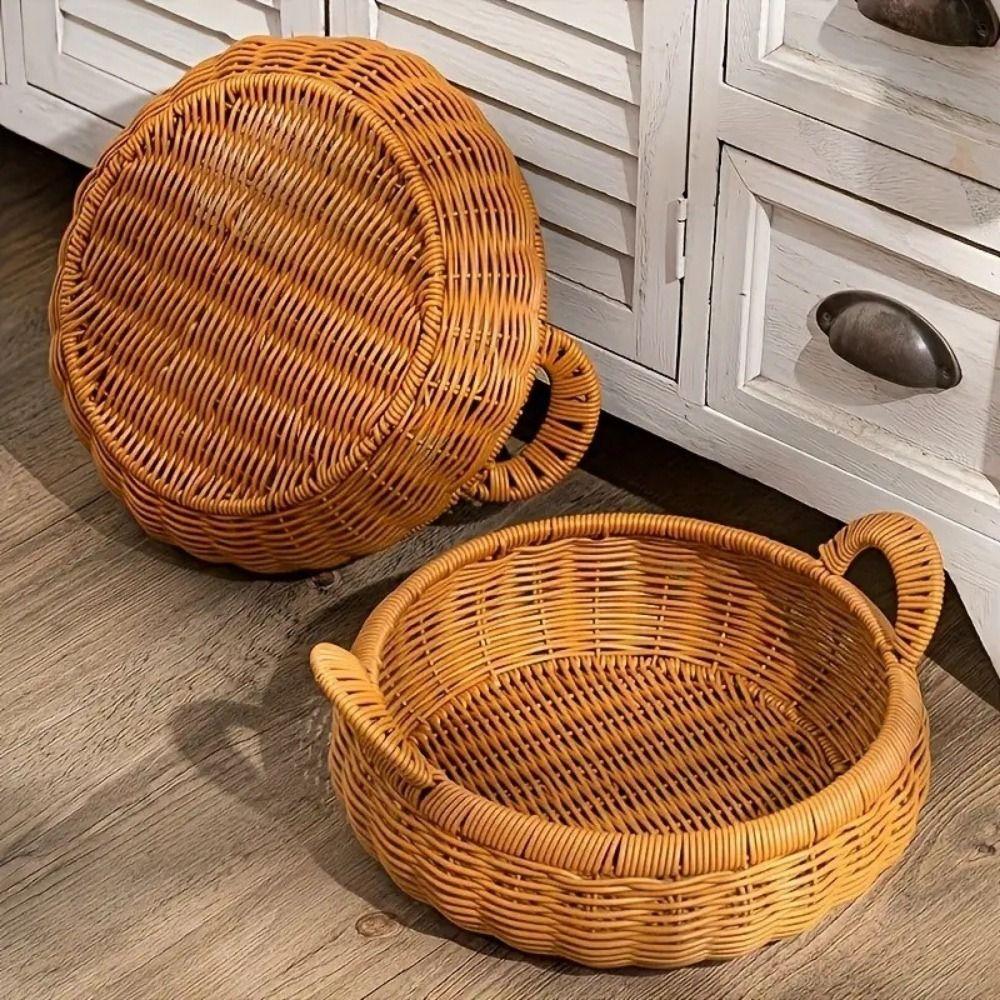 Handmade Round Rattan Storage Tray Large Capacity Dry Fruit Storage Tray  Bedroom