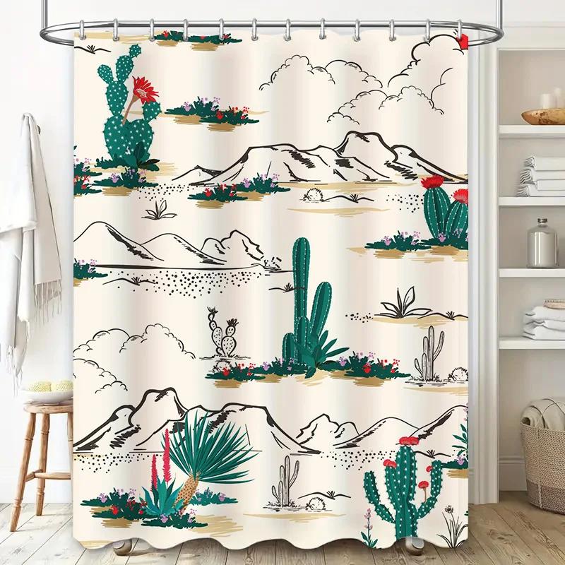 Vintage Cactus Pattern Shower Curtain Decorative Bath Mat for Bathroom Accessories Set with Ties in White Perfect Gift Idea