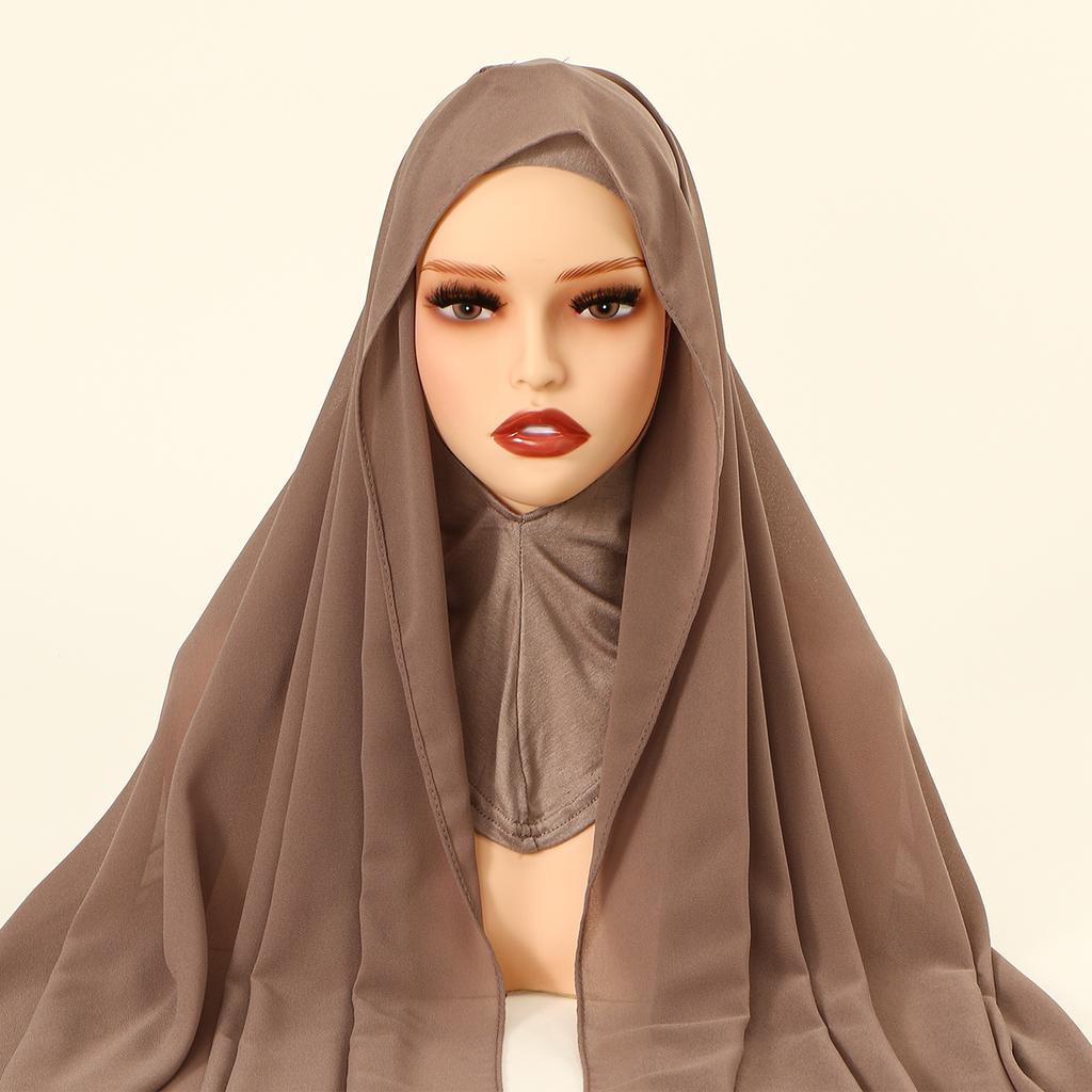 Ramadan Instant Hijab Set Long Neck Cap With Chiffon Scarf Solid Bonnet Hat And Scarf Combo Muslim Woman Hijab Shawl Wrap Turban