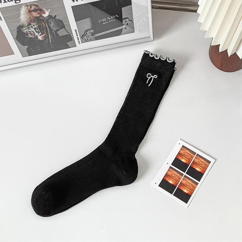 5 Pairs of Female Spring and Summer Bow Embroidery Lace Everything Breathable Tube Pile Socks