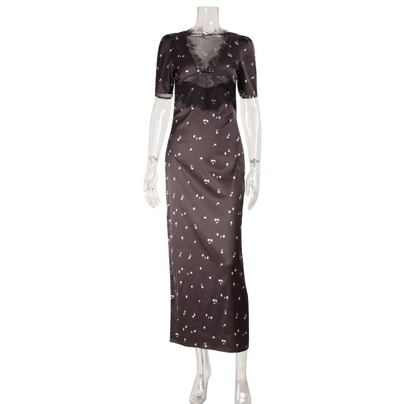 

New Stylish Women s Satin Lace Patchwork V-Neck Hollow-Out Fashion Polka Dot Print Mid-Sleeve Dress Black [Ready Stock] S