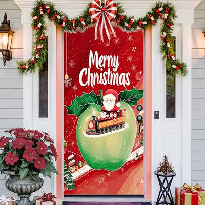 1Pcs Merry Christmas Door Cover Banner Polyester Santa ClausPattern for Christmas Eve New Year Holiday Party Front Door Home Wall Decor
