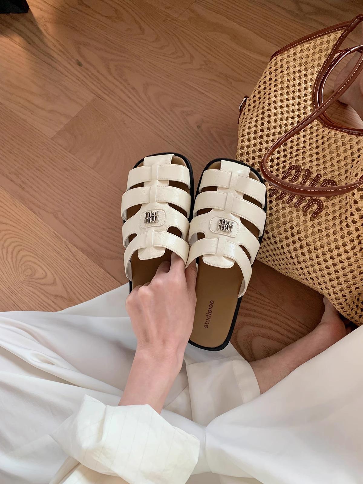 

Cowhide version~ silver woven leather soft bottom half slippers women s summer hollow bag head Muller slippers French cool slippers 35