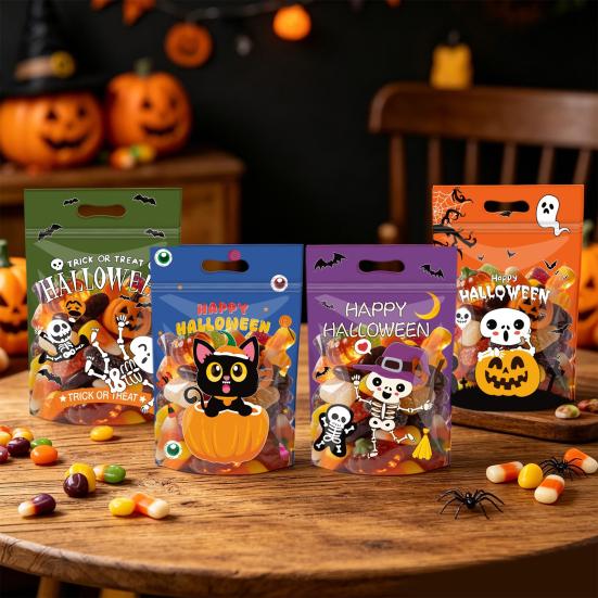 Durable Plastic Storage Containers 4PCS Halloween Candy Treat Bags with Handle, Translucent Stand-up Dessert Theme Holders Pouches, Cartoon