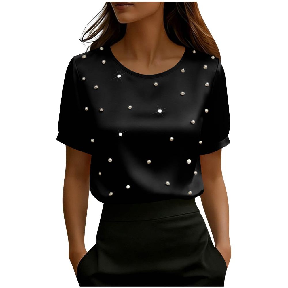 Women's O Neck Short Sleeve Satin Top Loose Fit Elegant Blouse Pearl Beaded Casual Shirt