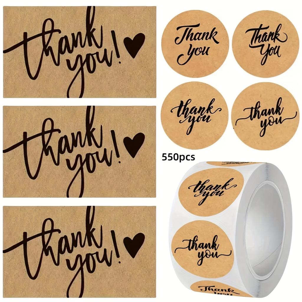 [Small Business Sticker Labels] Thank You Cards & Stickers Set | 50 Business Cards, 500 Support Sticker Labels, Kraft Brown