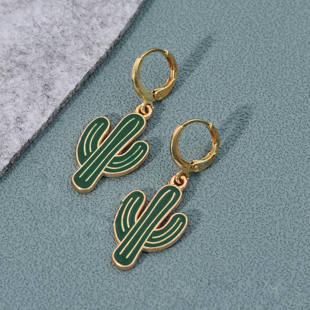 Green Cactus Rainbow Leaf Dangle Earrings for Women Girls Creative Fresh Enamel Metal Hoop Plant Earrings Female Jewelry Gift