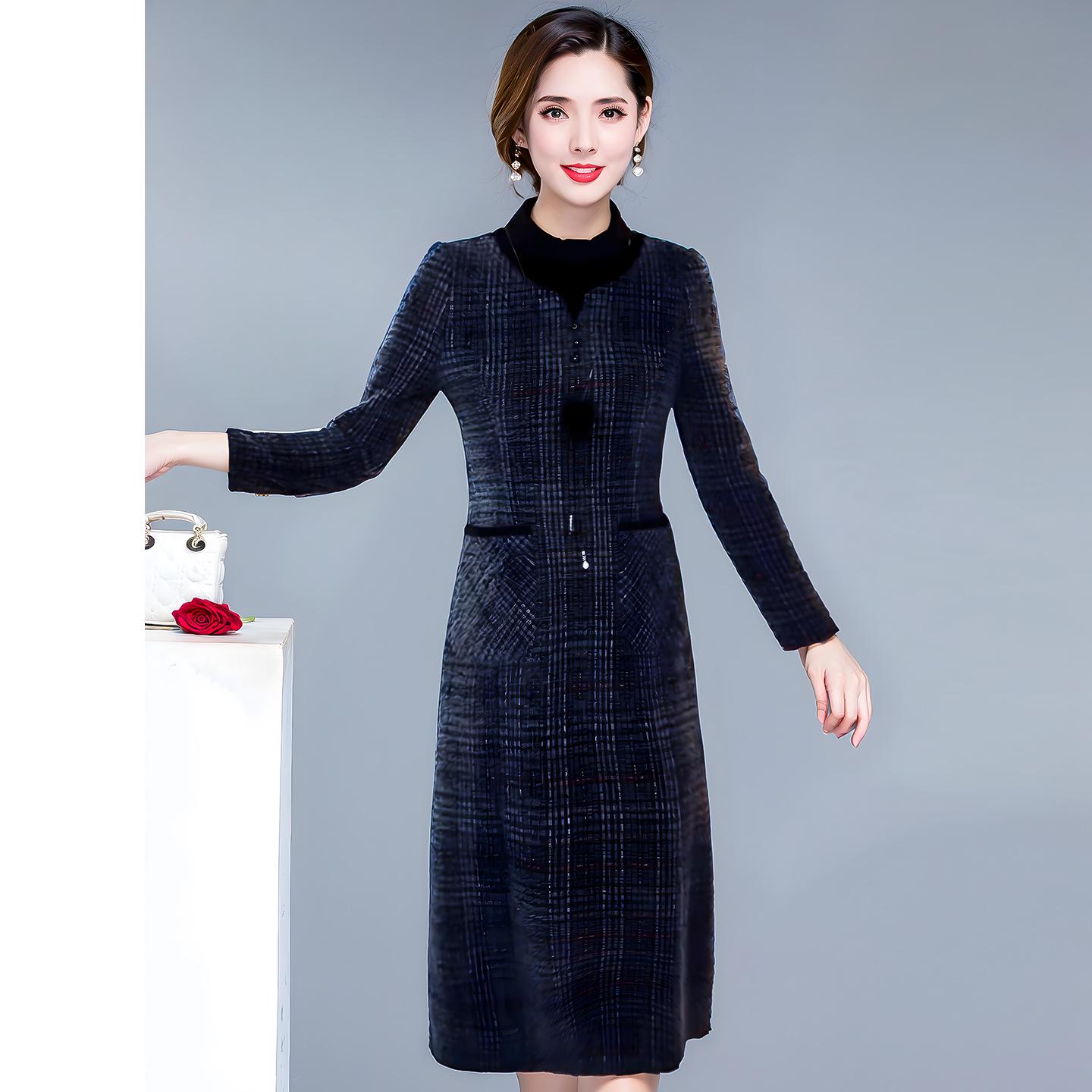 2025 Elegant Winter Plaid Dress for Plus-Size Mature Women: Slimming, Thickened Design 4XL серый/синий