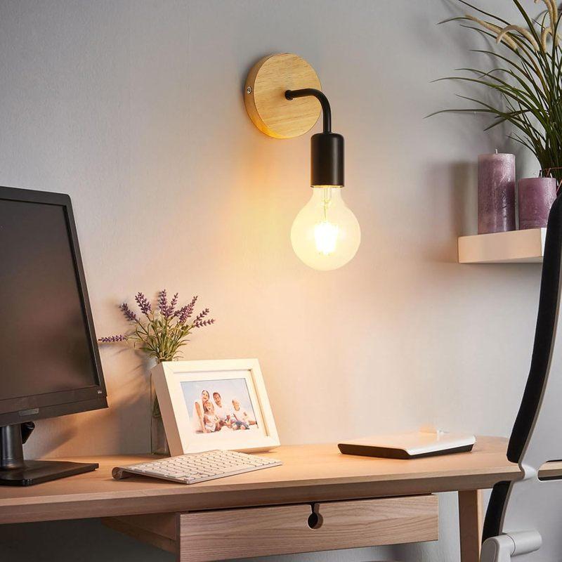 1 Pack/2 Pack Industrial Style, Wood Base Farmhouse Wall Lamp for Living Room, Bedroom, Hallway, Black White