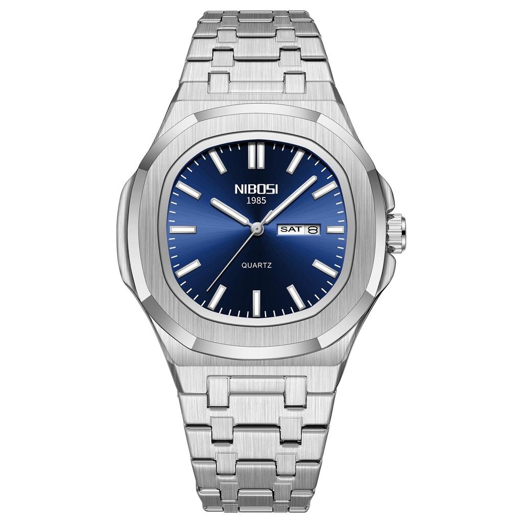 Waterproof Mens Square Quartz Watch Luminous Day Date Display Steel Strap Classic Casual Daily Wristwatch
