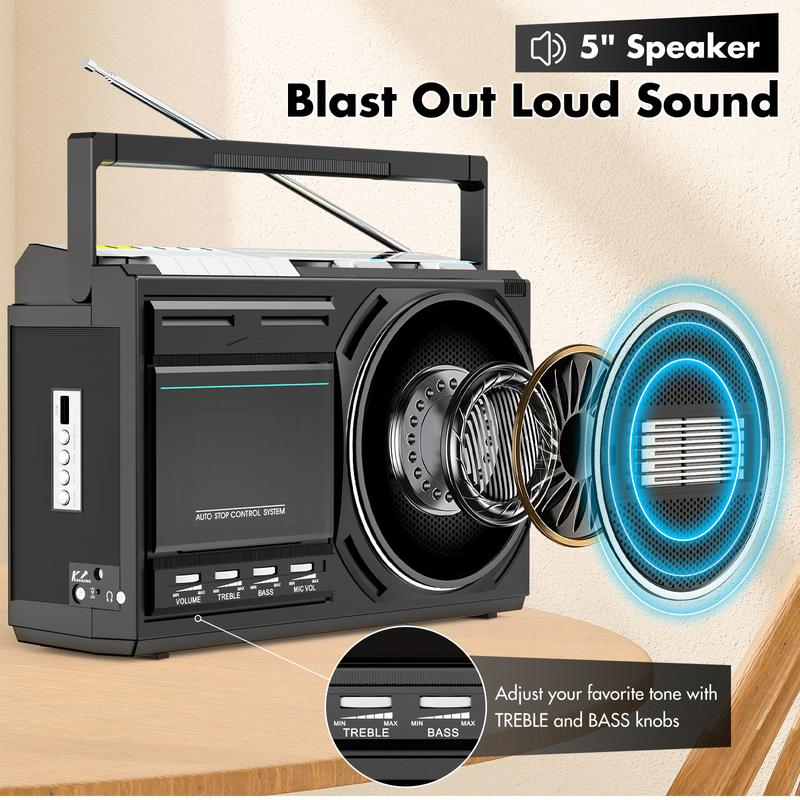 Retro kassettbandspelare med inspelning och inbyggd mikrofon, bärbar Bluetooth boombox, radioapparater med kassettband, USB-omvandlare, AC/DC-ström