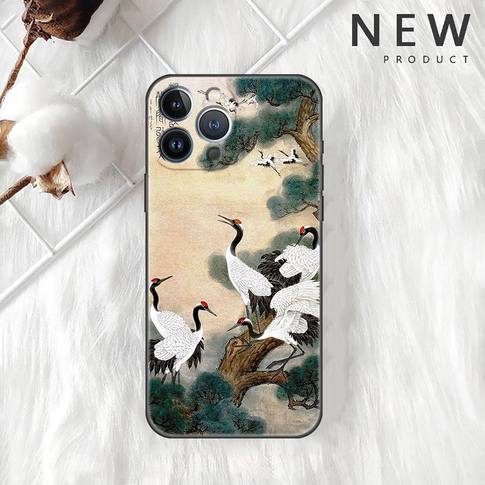 Funda Case For Apple iPhone 14 11 13 7 12 Pro 7 XR XS Max 8 Plus 6 14Pro 13Mini Black Soft Phone Coque Tiger Crane ART