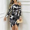 Women Plus Size Asymmetric Off Shoulder Long Sleeve Grey Black Leopard Print Irregular Wrap Bodycon Midi Dress