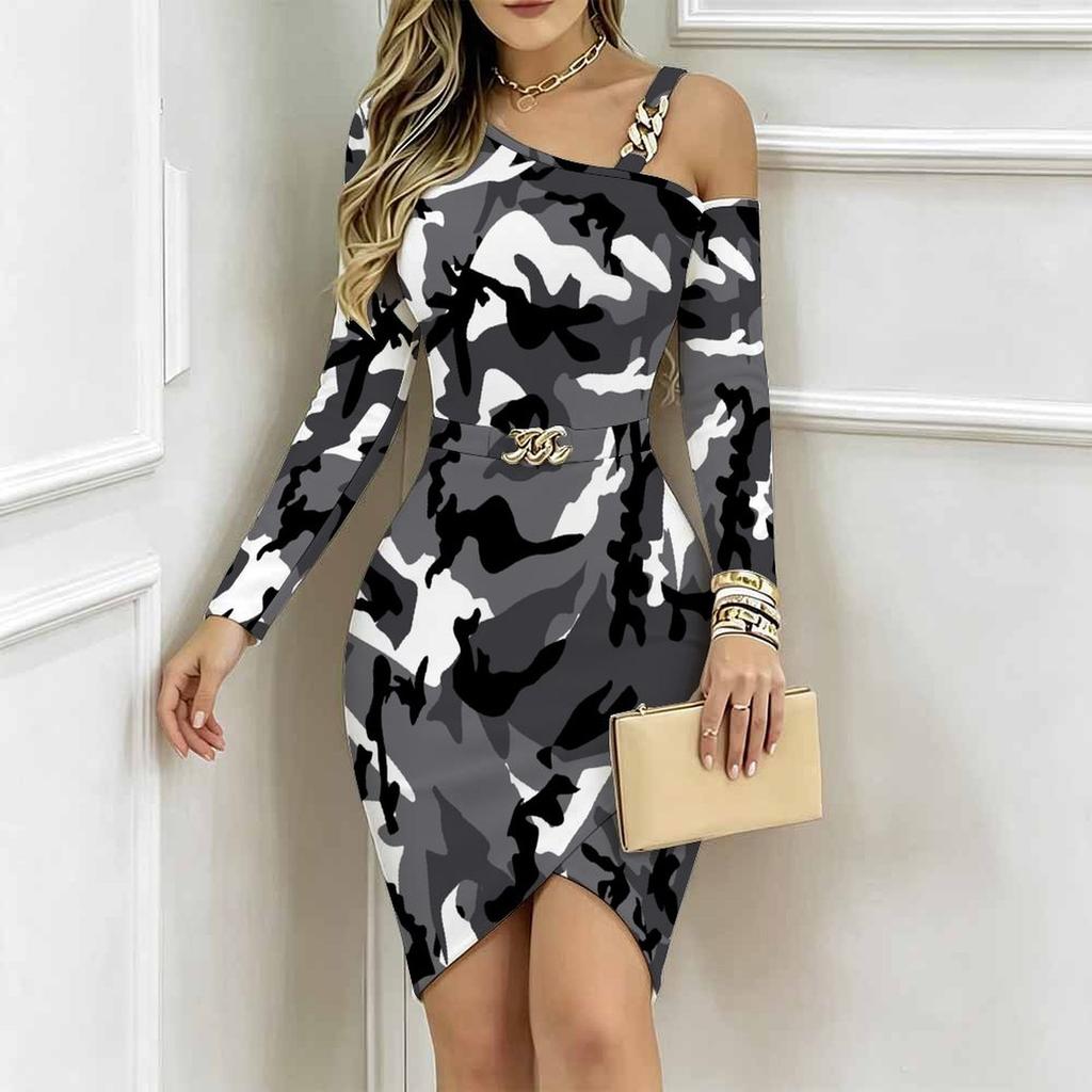 Women Plus Size Asymmetric Off Shoulder Long Sleeve Grey Black Leopard Print Irregular Wrap Bodycon Midi Dress