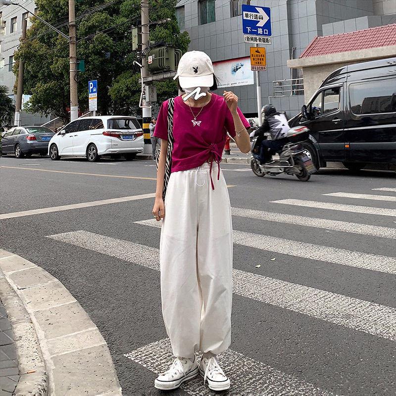 

Sports casual pants women s autumn new high-waisted tied feet nine-point pants women s Korean version loose wide-leg pants children S белый
