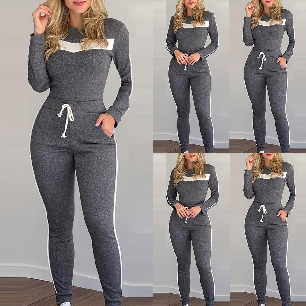 

Женщины Повседневные длинные рукава Полосатые спортивные одежды Женские топы Брюки Комплекты