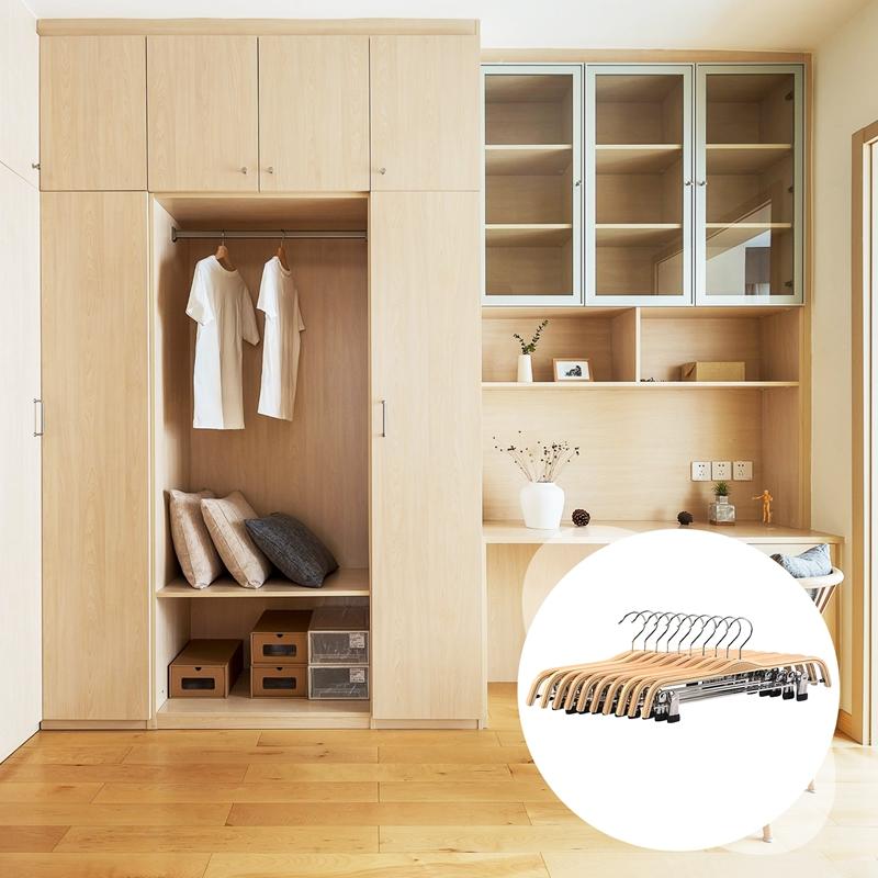 10 Pack Solid Finish Wooden Trousers/Skirt Hangers With Anti-Rust Clips Coat Clothes Hangers
