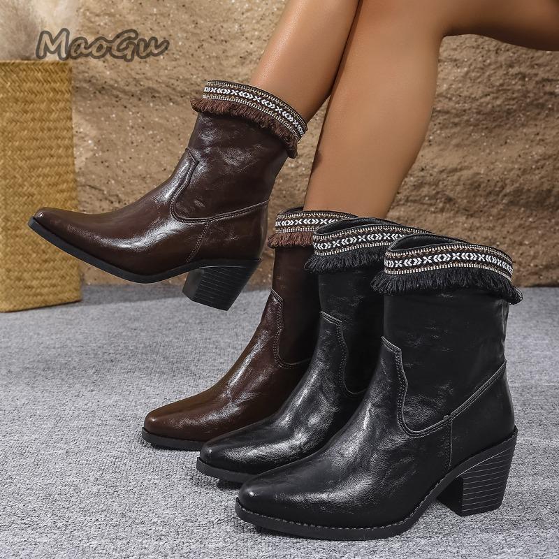 Fashion 2025 Autumn New Large Size36-43 British Style Fringe Decor Fashion Boots Chunky High Heel Short Boots for Women Botas Para Mujer