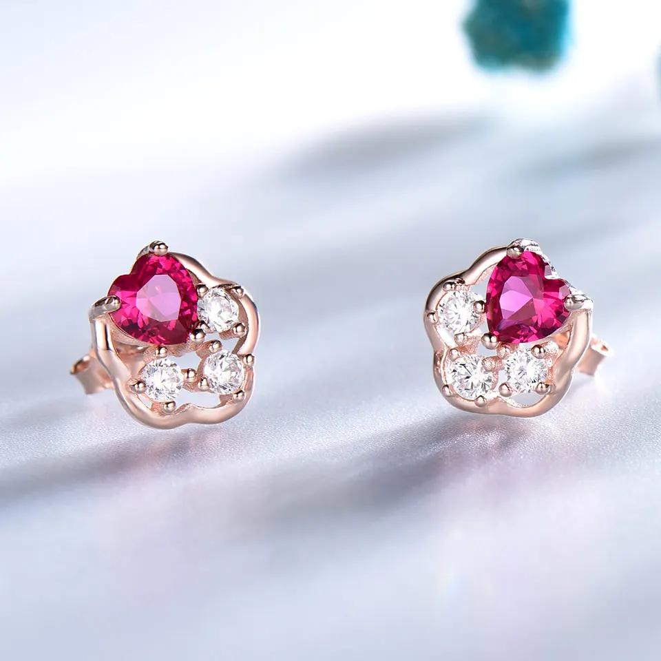 5mm Rose Gold Plated Red Heart White Round Flower Stud Earrings