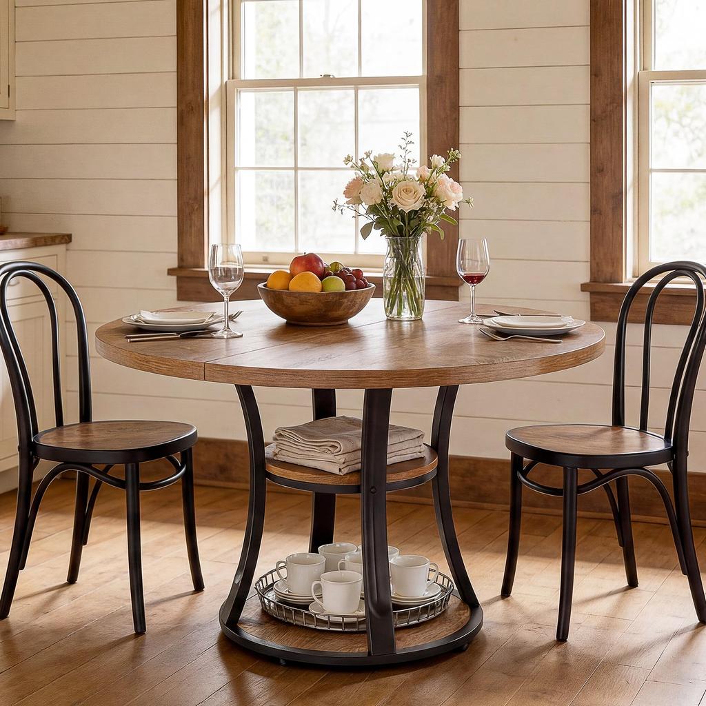 Tribesigns 39-Inch Round Dining Table for 4, Farmhouse Kitchen Table with 2-Layer Storage Shelf and Metal Base Dining Room