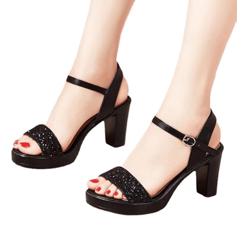High-heeled sandals women's 2025 new summer temperament one-word buckle Roman sandals women's thick-heeled model catwalk women's shoes