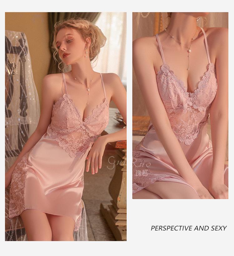 Satin Backless Lace Nightgown with Padded Deep V & Tie-Waist Robe Set