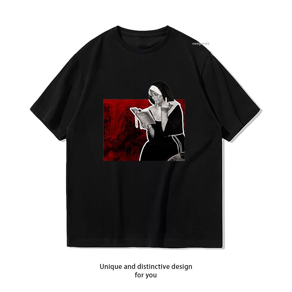 Bad Nun Making Rude Gesture Digital Art TShirt Unisex Unisex Casual Cotton Graphic T Shirts Adult Streetwear Camisetas Tops Tee