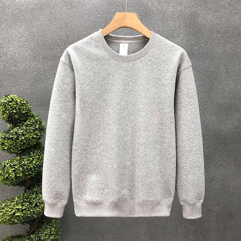 Men's Winter Fleece-Lined White Sweatshirt: Simple Solid Color, Round Neck, Long Sleeve, No Hood, Perfect for Spring and Autumn.